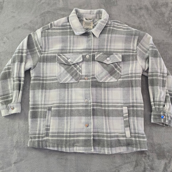 Ashley Outerwear Plaid Shacket Jacket Gray White Button Front Small - Picture 1 of 11
